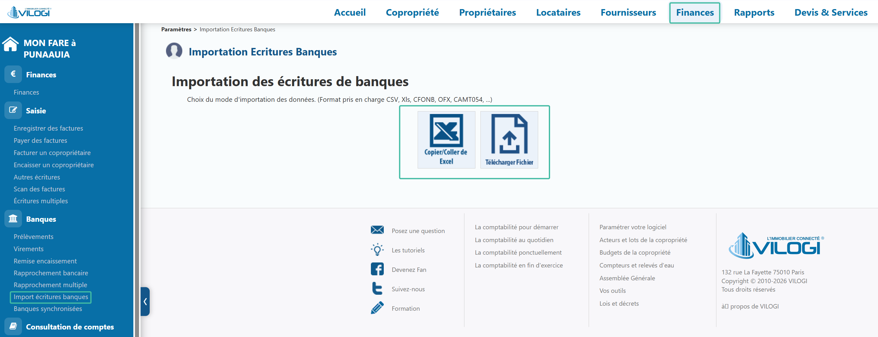 Aller dans le menu de la banque pour importer le fichier Tutoriel logiciel immobilier pour syndics et administrateurs de biens